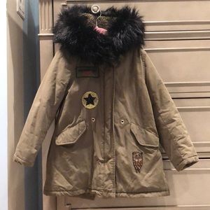 Zara Girls Army Parka with fur hood and patches